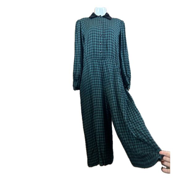 Vintage Lanz Green & Black Gingham Check Romper Jumpsuit / Size 14 * - Picture 4 of 4